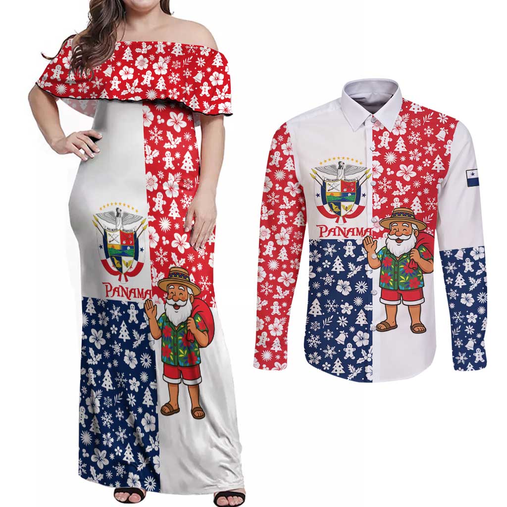 Panama Christmas Couples Matching Off Shoulder Maxi Dress and Long Sleeve Button Shirt with Tropical Santa National Coat of Arms and Festive Pattern Design - Wonder Print Shop