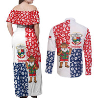 Panama Christmas Couples Matching Off Shoulder Maxi Dress and Long Sleeve Button Shirt with Tropical Santa National Coat of Arms and Festive Pattern Design - Wonder Print Shop