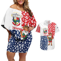 Panama Christmas Couples Matching Off Shoulder Short Dress and Hawaiian Shirt with Tropical Santa National Coat of Arms and Festive Pattern Design - Wonder Print Shop