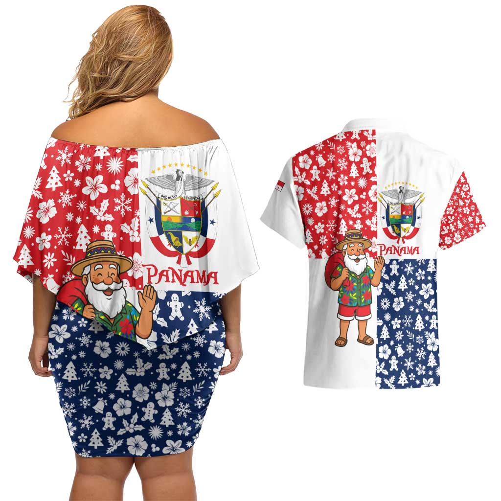 Panama Christmas Couples Matching Off Shoulder Short Dress and Hawaiian Shirt with Tropical Santa National Coat of Arms and Festive Pattern Design - Wonder Print Shop