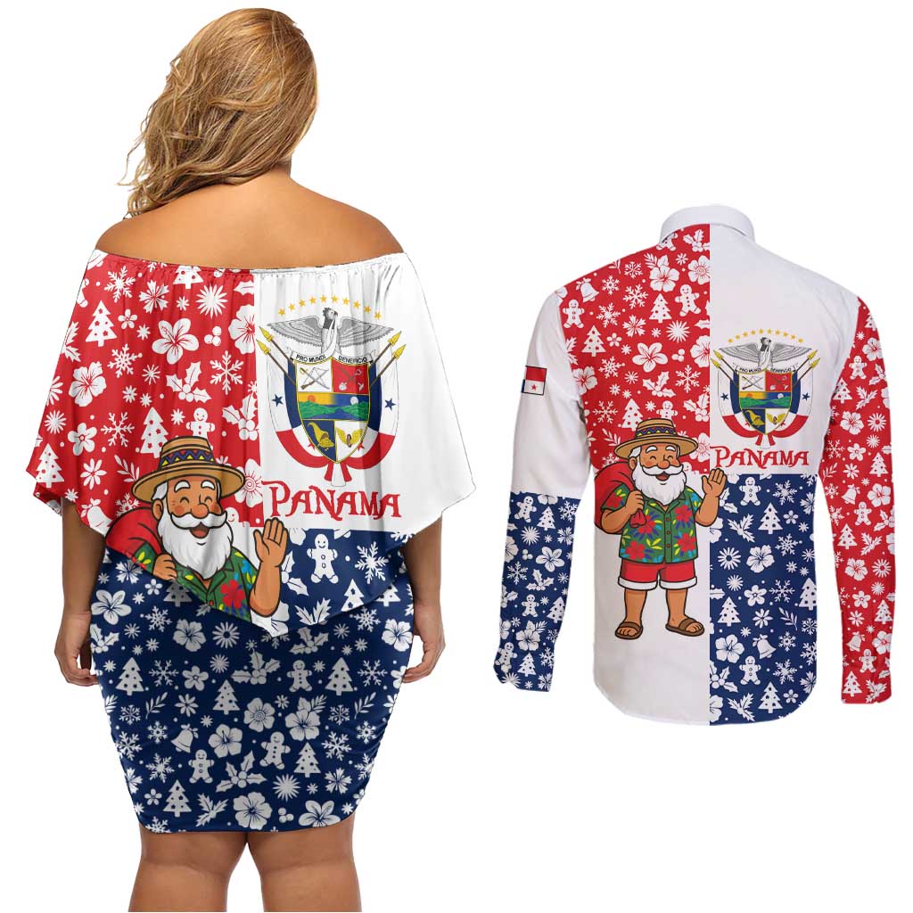 Panama Christmas Couples Matching Off Shoulder Short Dress and Long Sleeve Button Shirt with Tropical Santa National Coat of Arms and Festive Pattern Design - Wonder Print Shop