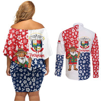 Panama Christmas Couples Matching Off Shoulder Short Dress and Long Sleeve Button Shirt with Tropical Santa National Coat of Arms and Festive Pattern Design - Wonder Print Shop