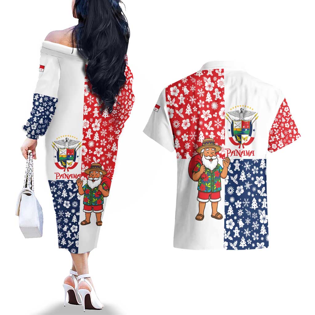 Panama Christmas Couples Matching Off The Shoulder Long Sleeve Dress and Hawaiian Shirt with Tropical Santa National Coat of Arms and Festive Pattern Design - Wonder Print Shop