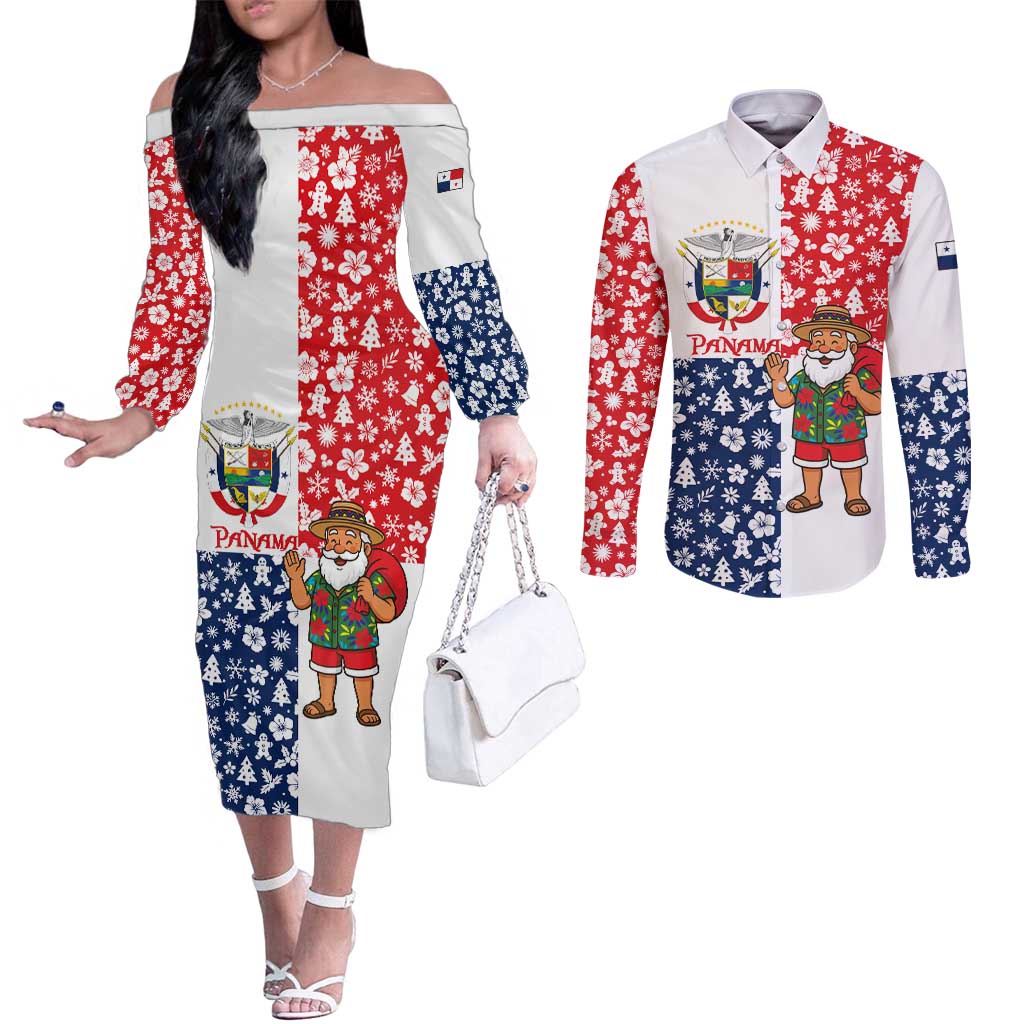 Panama Christmas Couples Matching Off The Shoulder Long Sleeve Dress and Long Sleeve Button Shirt with Tropical Santa National Coat of Arms and Festive Pattern Design - Wonder Print Shop