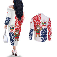 Panama Christmas Couples Matching Off The Shoulder Long Sleeve Dress and Long Sleeve Button Shirt with Tropical Santa National Coat of Arms and Festive Pattern Design - Wonder Print Shop