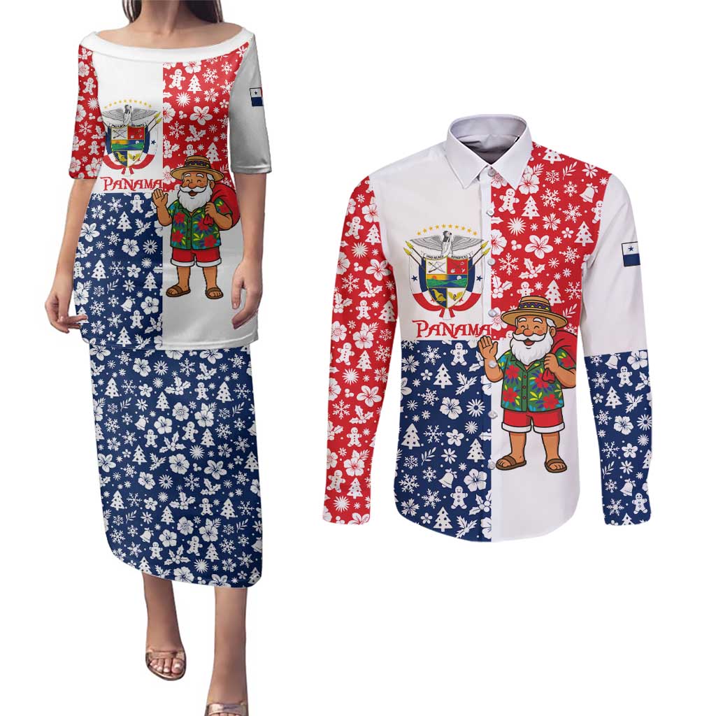 Panama Christmas Couples Matching Puletasi and Long Sleeve Button Shirt with Tropical Santa National Coat of Arms and Festive Pattern Design - Wonder Print Shop