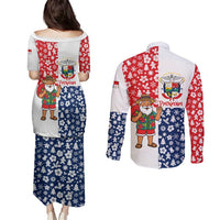 Panama Christmas Couples Matching Puletasi and Long Sleeve Button Shirt with Tropical Santa National Coat of Arms and Festive Pattern Design - Wonder Print Shop