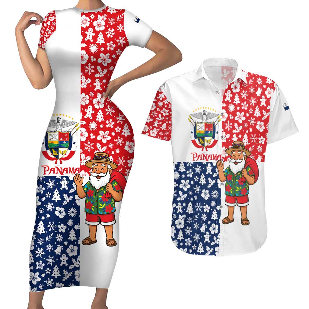 Panama Christmas Couples Matching Short Sleeve Bodycon Dress and Hawaiian Shirt with Tropical Santa National Coat of Arms and Festive Pattern Design - Wonder Print Shop