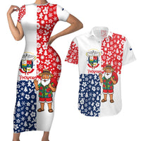 Panama Christmas Couples Matching Short Sleeve Bodycon Dress and Hawaiian Shirt with Tropical Santa National Coat of Arms and Festive Pattern Design - Wonder Print Shop