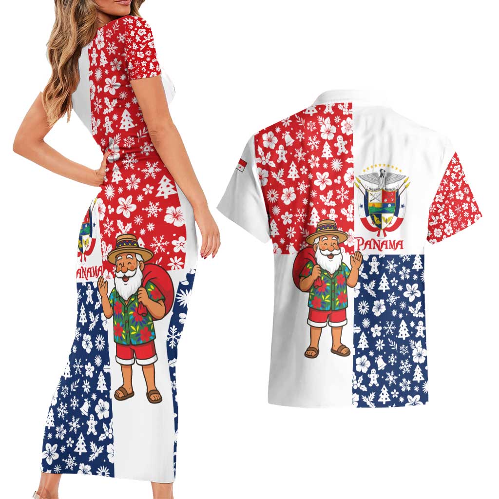 Panama Christmas Couples Matching Short Sleeve Bodycon Dress and Hawaiian Shirt with Tropical Santa National Coat of Arms and Festive Pattern Design - Wonder Print Shop