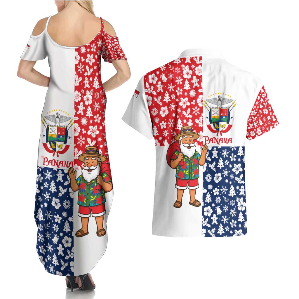 Panama Christmas Couples Matching Summer Maxi Dress and Hawaiian Shirt with Tropical Santa National Coat of Arms and Festive Pattern Design - Wonder Print Shop