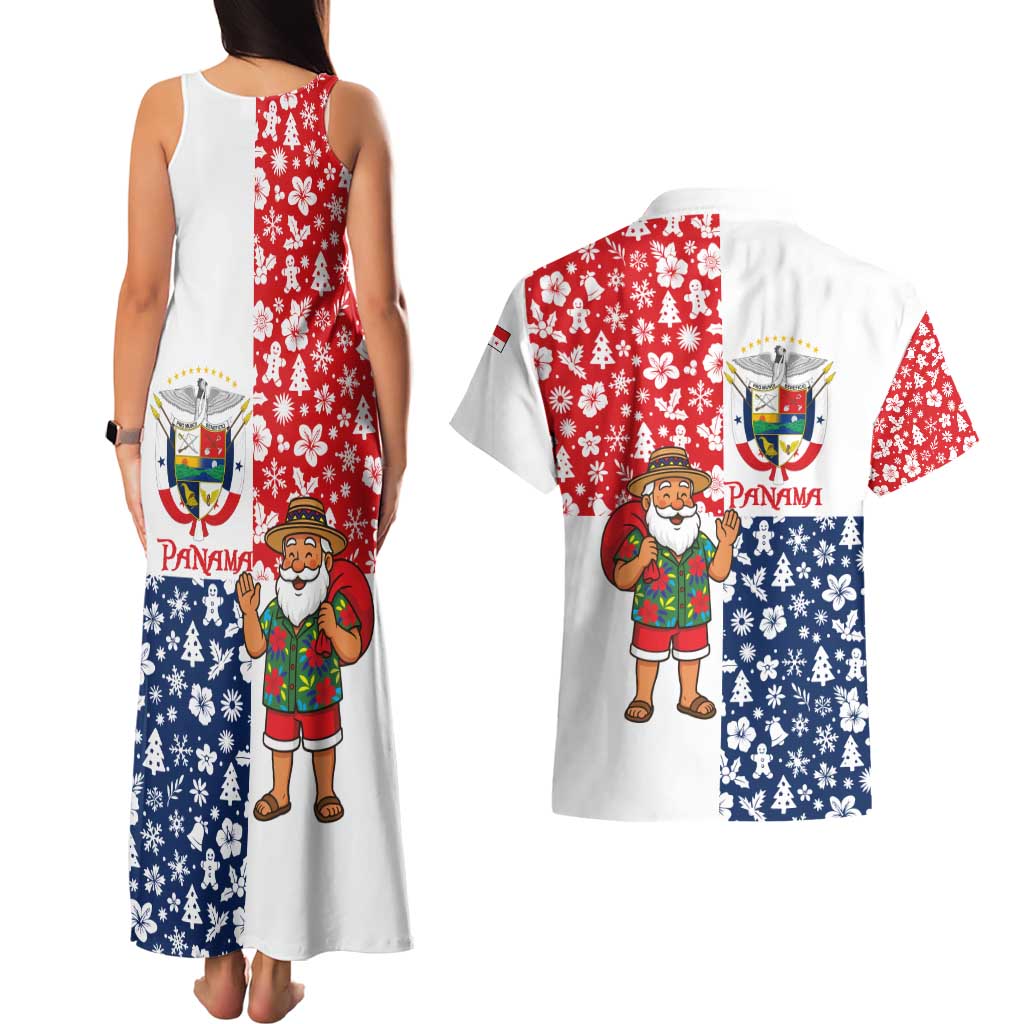 Panama Christmas Couples Matching Tank Maxi Dress and Hawaiian Shirt with Tropical Santa National Coat of Arms and Festive Pattern Design - Wonder Print Shop