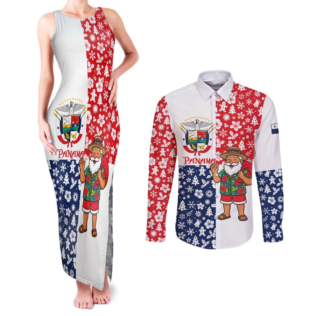 Panama Christmas Couples Matching Tank Maxi Dress and Long Sleeve Button Shirt with Tropical Santa National Coat of Arms and Festive Pattern Design - Wonder Print Shop