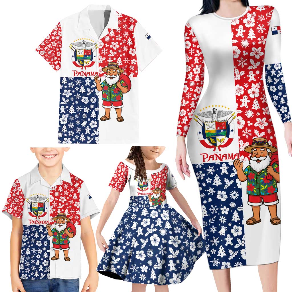 Panama Christmas Family Matching Long Sleeve Bodycon Dress and Hawaiian Shirt with Tropical Santa National Coat of Arms and Festive Pattern Design - Wonder Print Shop