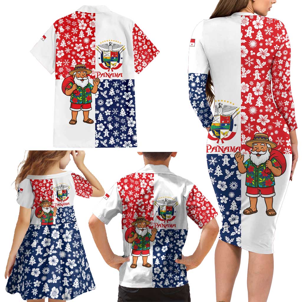 Panama Christmas Family Matching Long Sleeve Bodycon Dress and Hawaiian Shirt with Tropical Santa National Coat of Arms and Festive Pattern Design - Wonder Print Shop