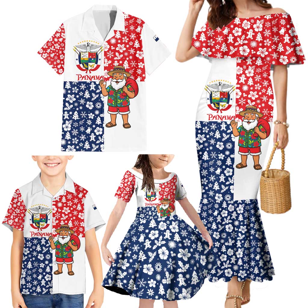 Panama Christmas Family Matching Mermaid Dress and Hawaiian Shirt with Tropical Santa National Coat of Arms and Festive Pattern Design - Wonder Print Shop