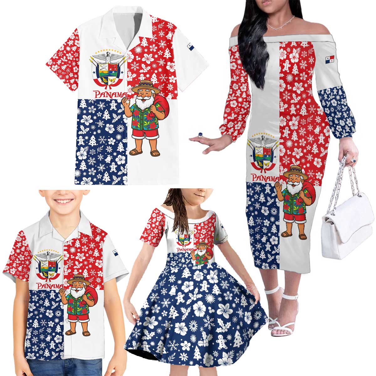 Panama Christmas Family Matching Off The Shoulder Long Sleeve Dress and Hawaiian Shirt with Tropical Santa National Coat of Arms and Festive Pattern Design - Wonder Print Shop