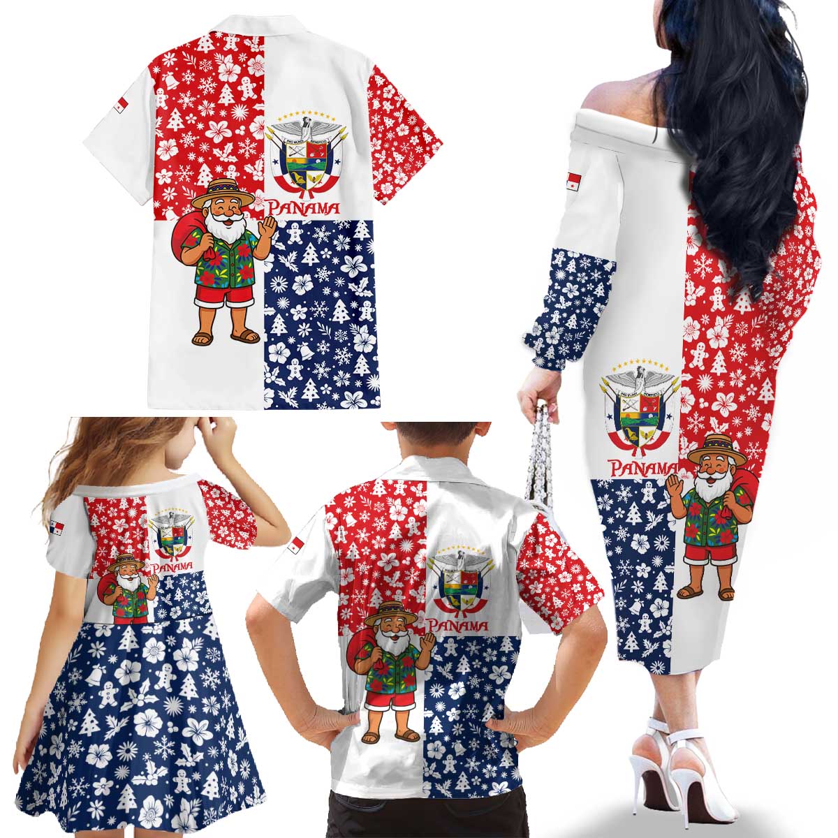 Panama Christmas Family Matching Off The Shoulder Long Sleeve Dress and Hawaiian Shirt with Tropical Santa National Coat of Arms and Festive Pattern Design - Wonder Print Shop