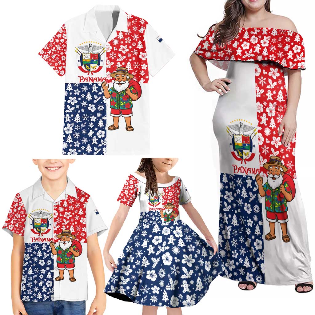 Panama Christmas Family Matching Off Shoulder Maxi Dress and Hawaiian Shirt with Tropical Santa National Coat of Arms and Festive Pattern Design - Wonder Print Shop