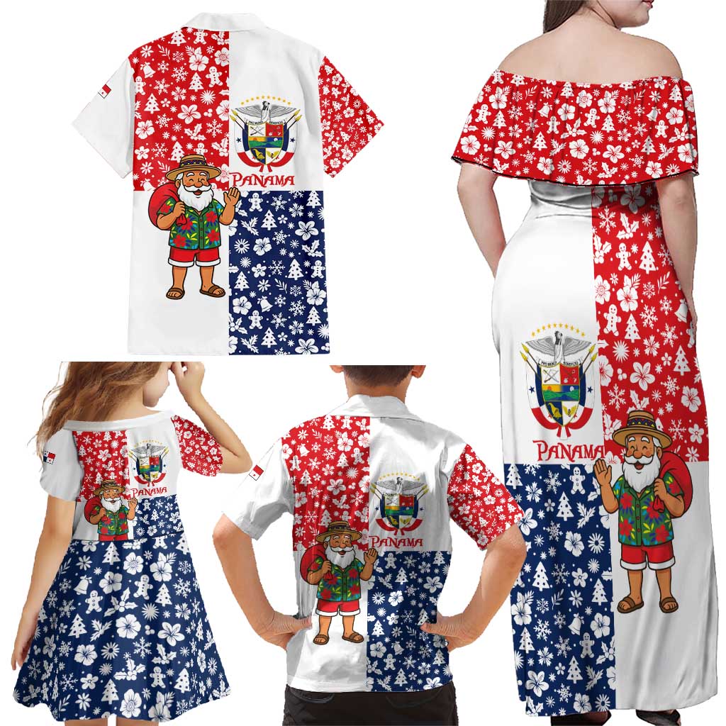 Panama Christmas Family Matching Off Shoulder Maxi Dress and Hawaiian Shirt with Tropical Santa National Coat of Arms and Festive Pattern Design - Wonder Print Shop