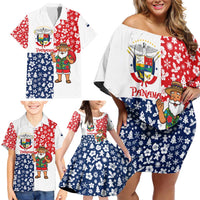 Panama Christmas Family Matching Off Shoulder Short Dress and Hawaiian Shirt with Tropical Santa National Coat of Arms and Festive Pattern Design - Wonder Print Shop