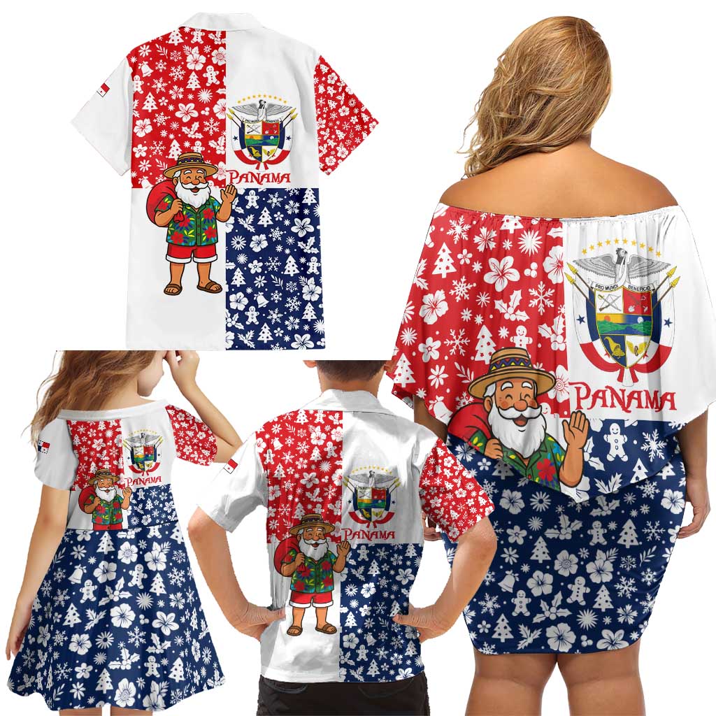 Panama Christmas Family Matching Off Shoulder Short Dress and Hawaiian Shirt with Tropical Santa National Coat of Arms and Festive Pattern Design - Wonder Print Shop