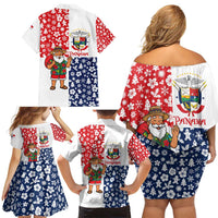Panama Christmas Family Matching Off Shoulder Short Dress and Hawaiian Shirt with Tropical Santa National Coat of Arms and Festive Pattern Design - Wonder Print Shop