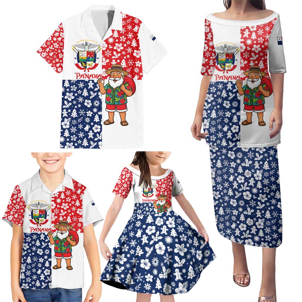 Panama Christmas Family Matching Puletasi and Hawaiian Shirt with Tropical Santa National Coat of Arms and Festive Pattern Design - Wonder Print Shop