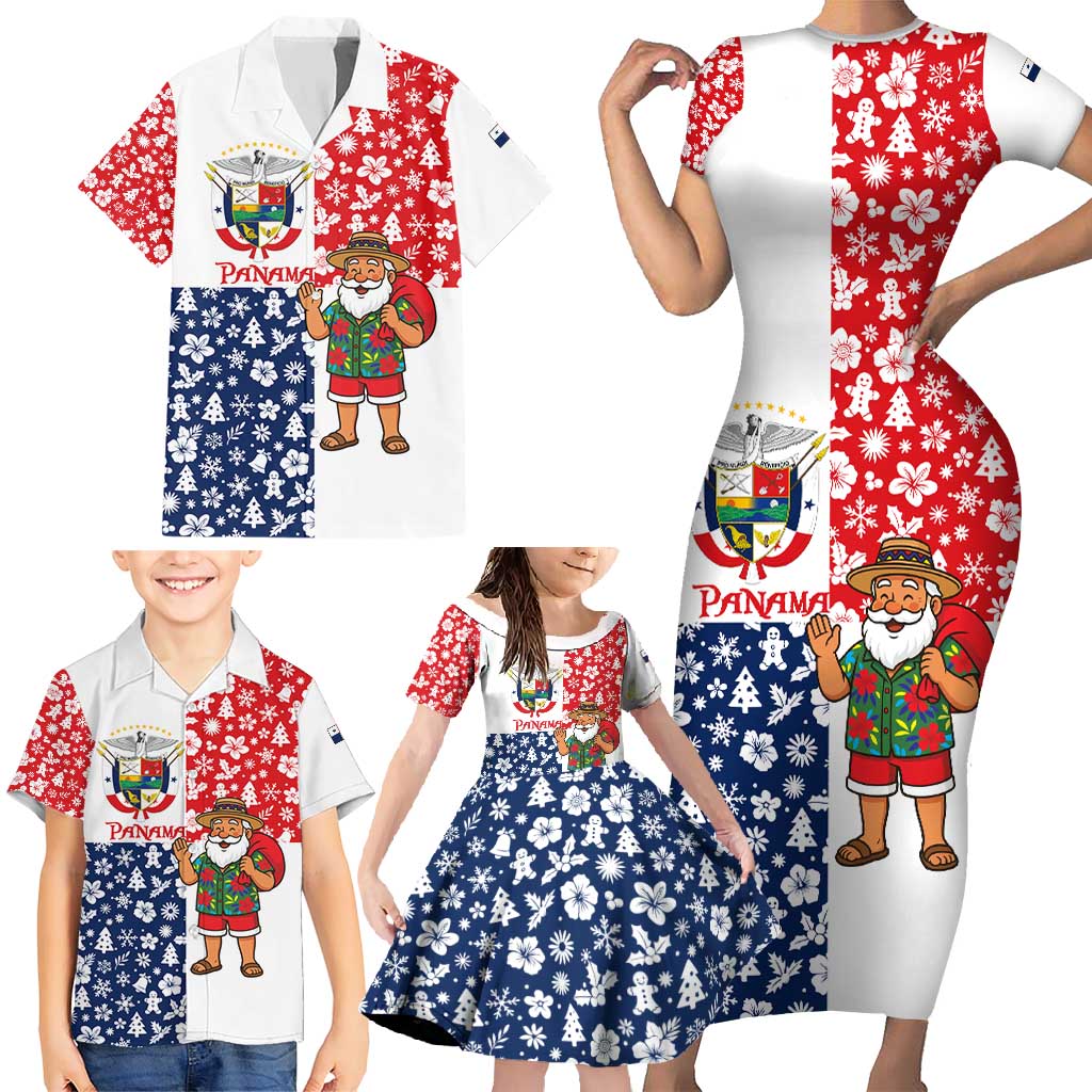 Panama Christmas Family Matching Short Sleeve Bodycon Dress and Hawaiian Shirt with Tropical Santa National Coat of Arms and Festive Pattern Design - Wonder Print Shop
