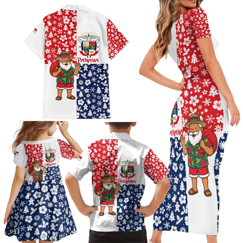 Panama Christmas Family Matching Short Sleeve Bodycon Dress and Hawaiian Shirt with Tropical Santa National Coat of Arms and Festive Pattern Design - Wonder Print Shop