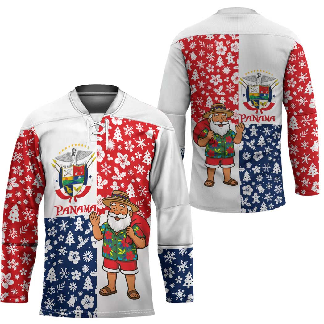 Panama Christmas Hockey Jersey with Tropical Santa National Coat of Arms and Festive Pattern Design - Wonder Print Shop