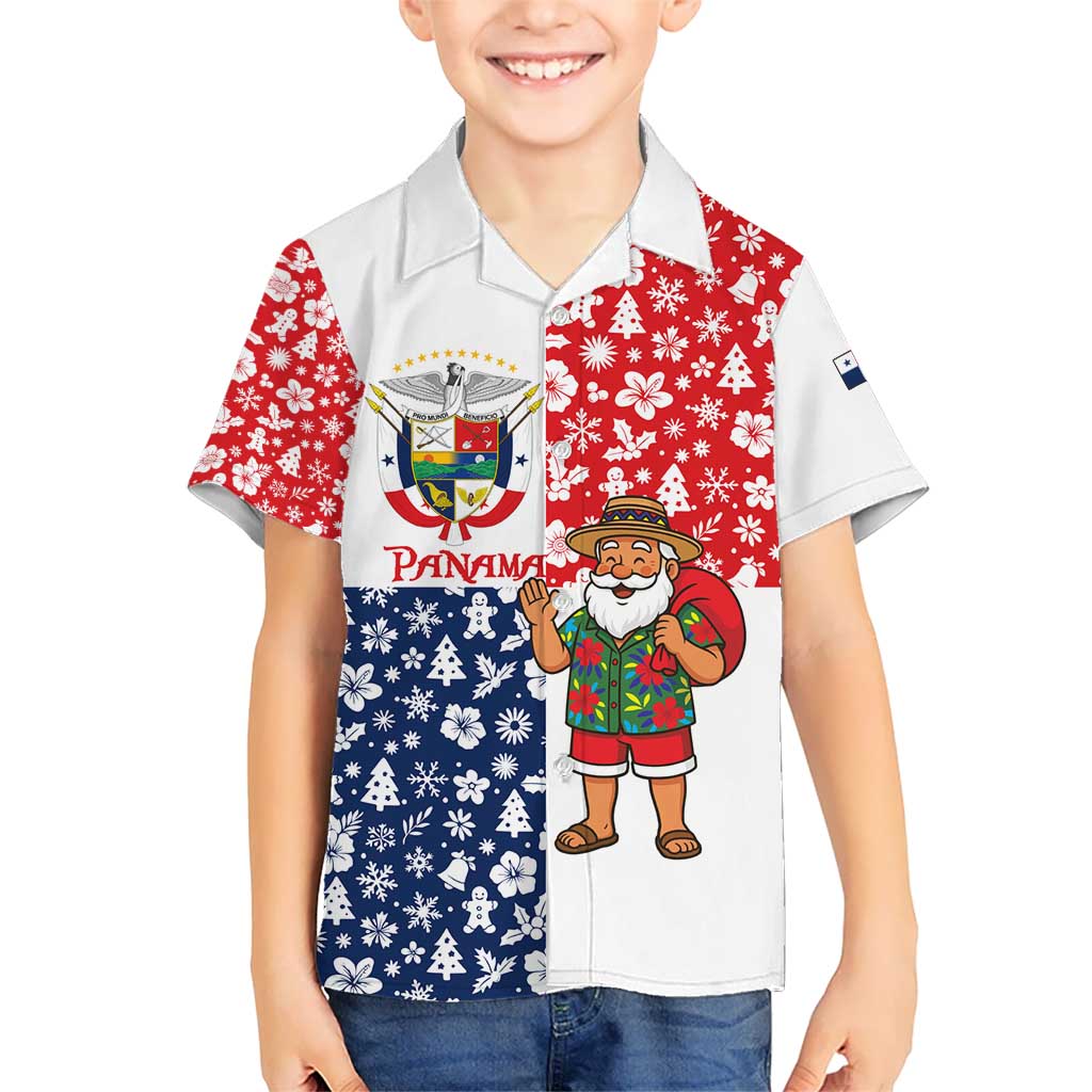 Panama Christmas Kid Hawaiian Shirt with Tropical Santa National Coat of Arms and Festive Pattern Design - Wonder Print Shop