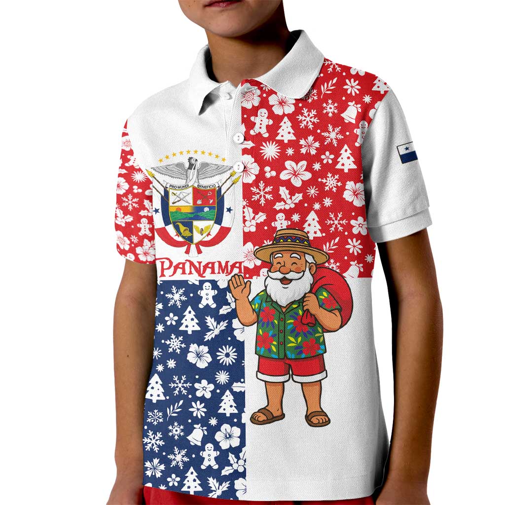 Panama Christmas Kid Polo Shirt with Tropical Santa National Coat of Arms and Festive Pattern Design - Wonder Print Shop