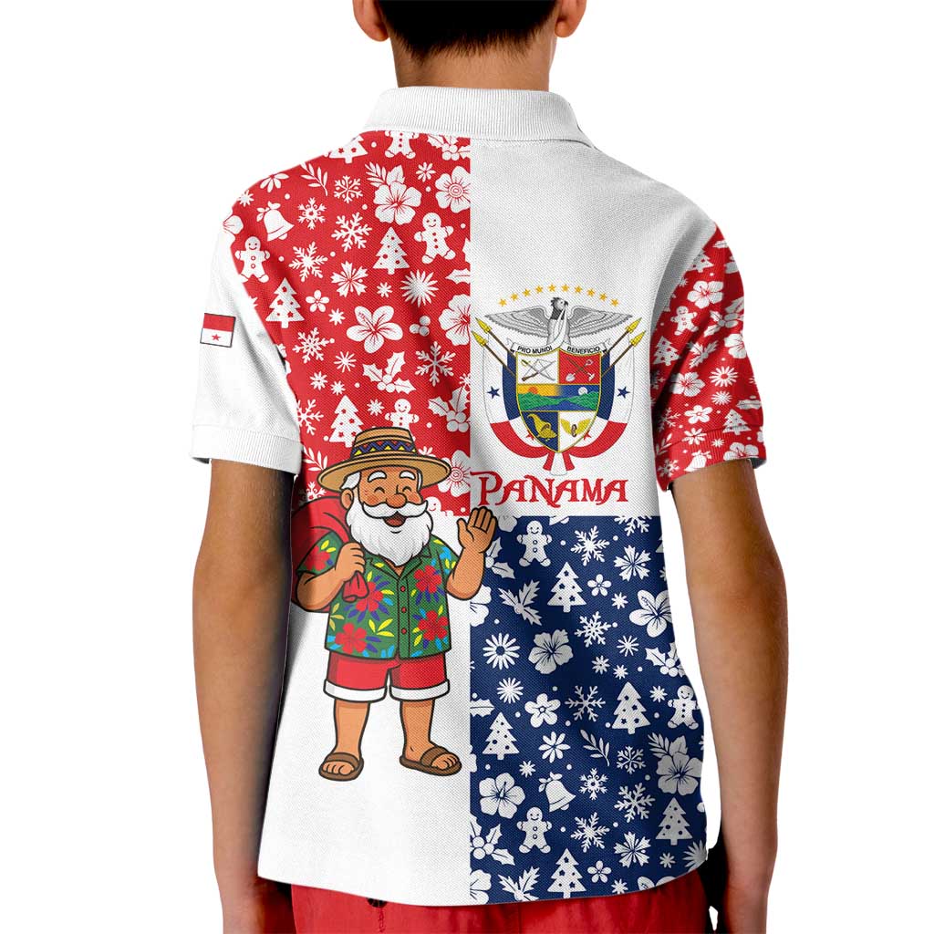 Panama Christmas Kid Polo Shirt with Tropical Santa National Coat of Arms and Festive Pattern Design - Wonder Print Shop