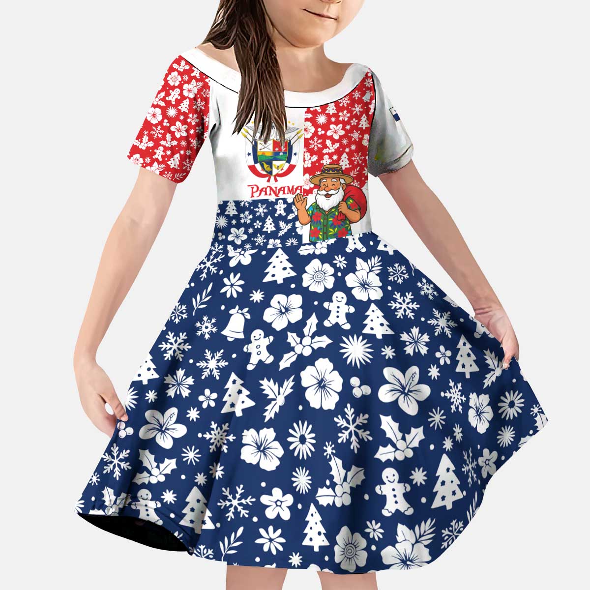 Panama Christmas Kid Short Sleeve Dress with Tropical Santa National Coat of Arms and Festive Pattern Design - Wonder Print Shop