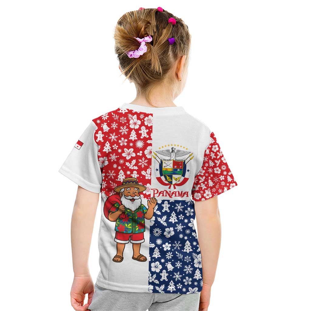 Panama Christmas Kid T Shirt with Tropical Santa National Coat of Arms and Festive Pattern Design - Wonder Print Shop