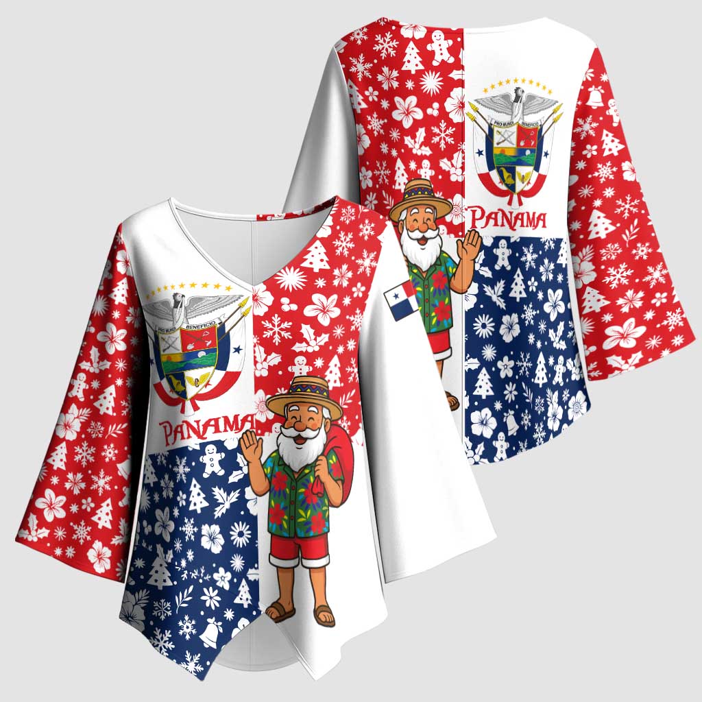 Panama Christmas Kimono Sleeve Blouse with Tropical Santa National Coat of Arms and Festive Pattern Design - Wonder Print Shop