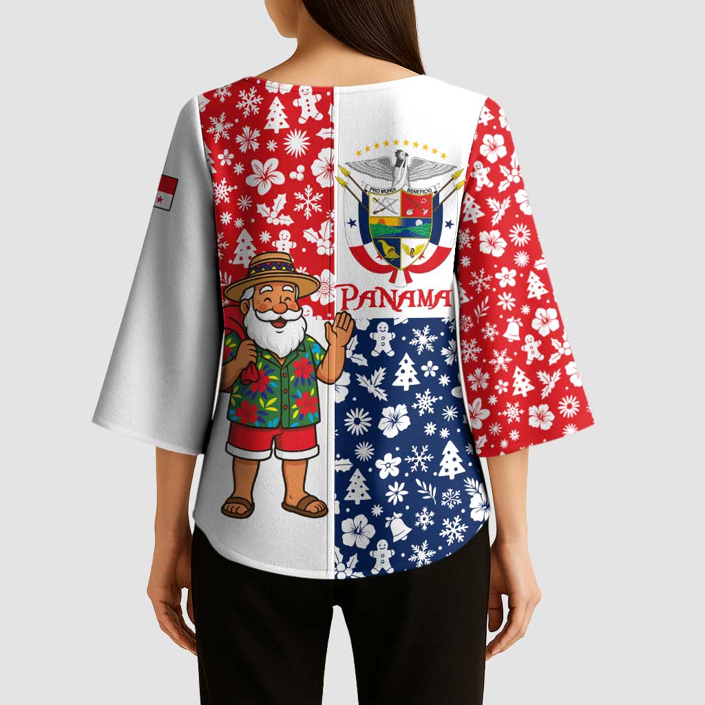 Panama Christmas Kimono Sleeve Blouse with Tropical Santa National Coat of Arms and Festive Pattern Design - Wonder Print Shop