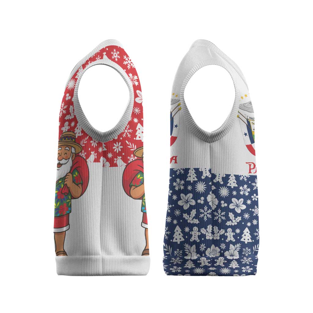 Panama Christmas Knitted V-Neck Vest with Tropical Santa National Coat of Arms and Festive Pattern Design - Wonder Print Shop