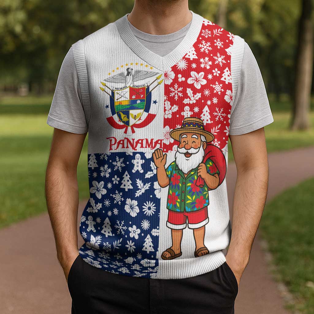 Panama Christmas Knitted V-Neck Vest with Tropical Santa National Coat of Arms and Festive Pattern Design - Wonder Print Shop