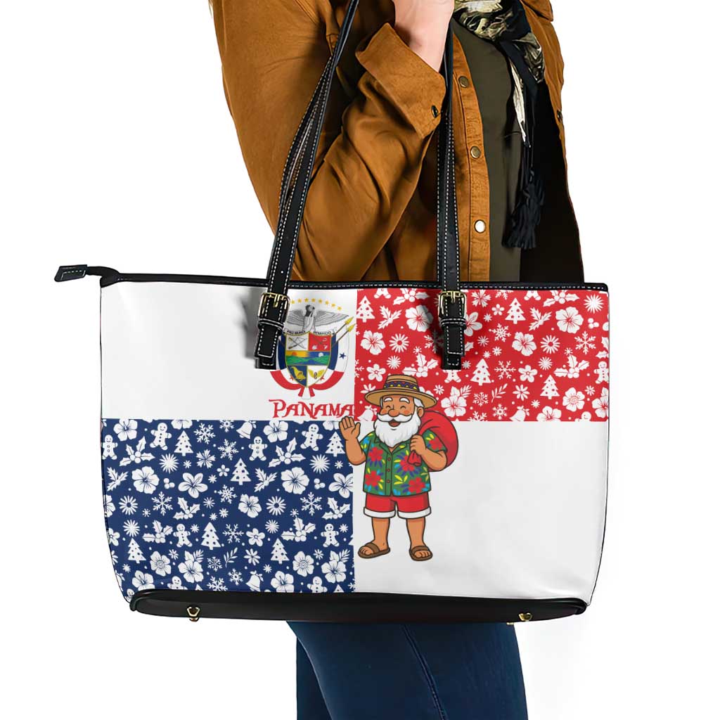 Panama Christmas Leather Tote Bag with Tropical Santa National Coat of Arms and Festive Pattern Design - Wonder Print Shop