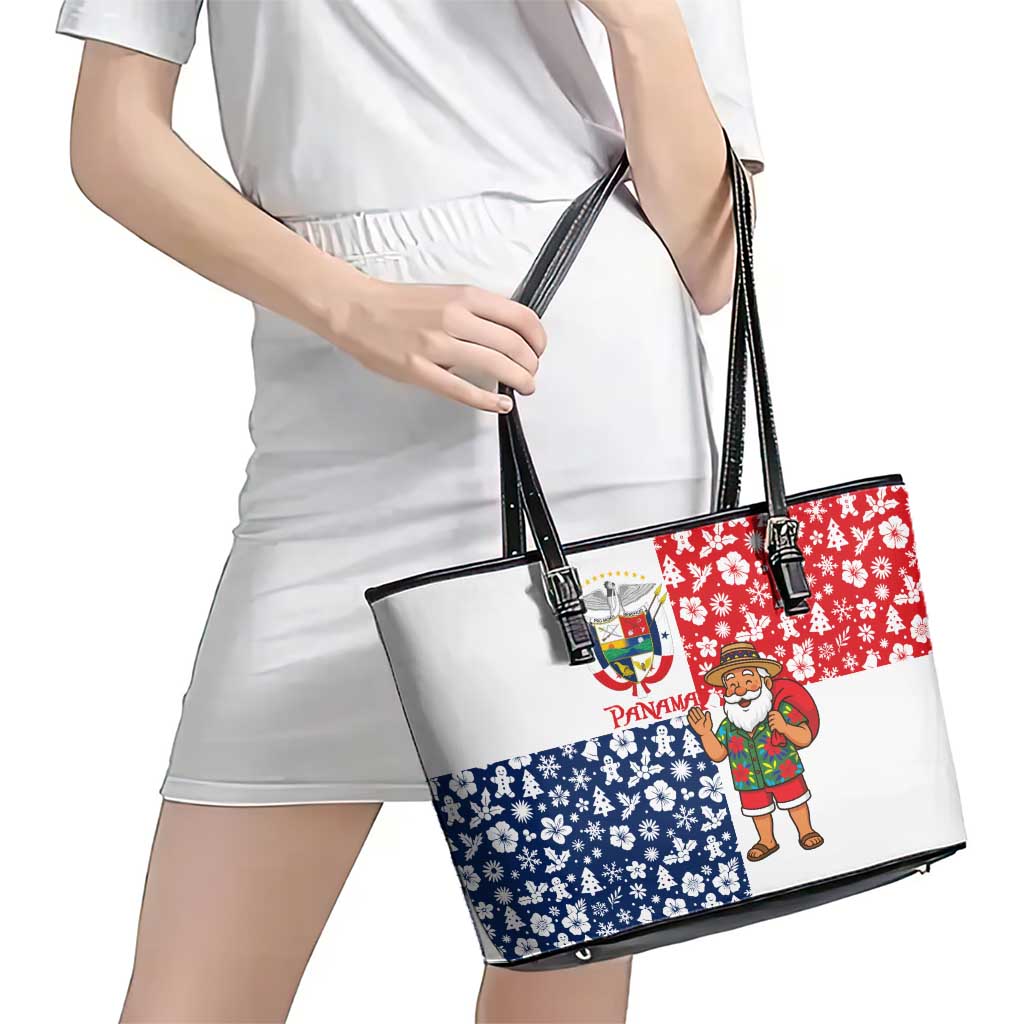 Panama Christmas Leather Tote Bag with Tropical Santa National Coat of Arms and Festive Pattern Design - Wonder Print Shop