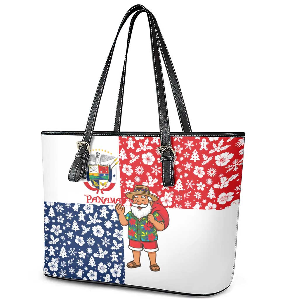 Panama Christmas Leather Tote Bag with Tropical Santa National Coat of Arms and Festive Pattern Design - Wonder Print Shop