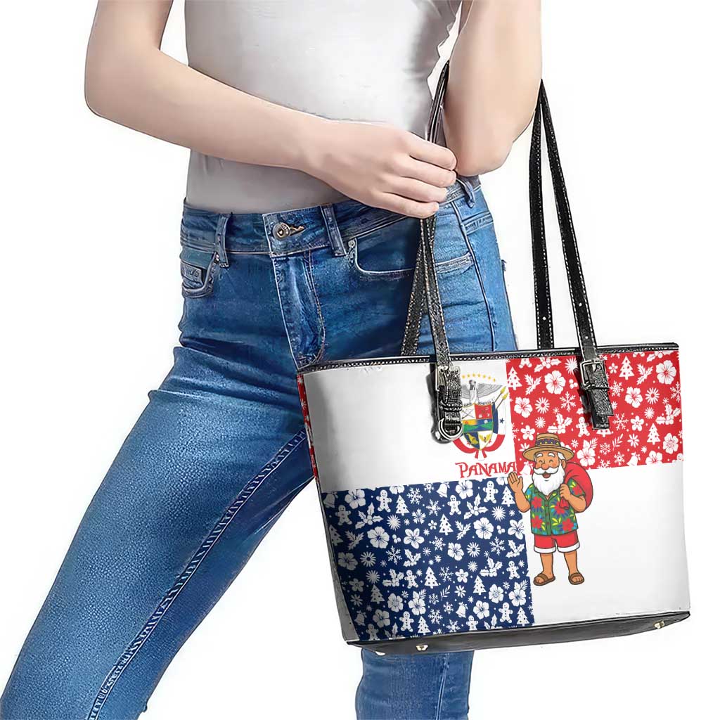 Panama Christmas Leather Tote Bag with Tropical Santa National Coat of Arms and Festive Pattern Design - Wonder Print Shop