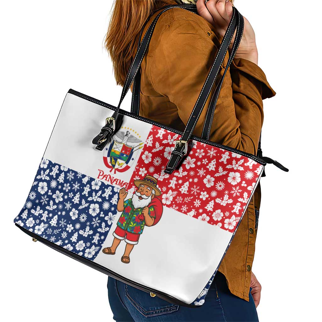 Panama Christmas Leather Tote Bag with Tropical Santa National Coat of Arms and Festive Pattern Design - Wonder Print Shop