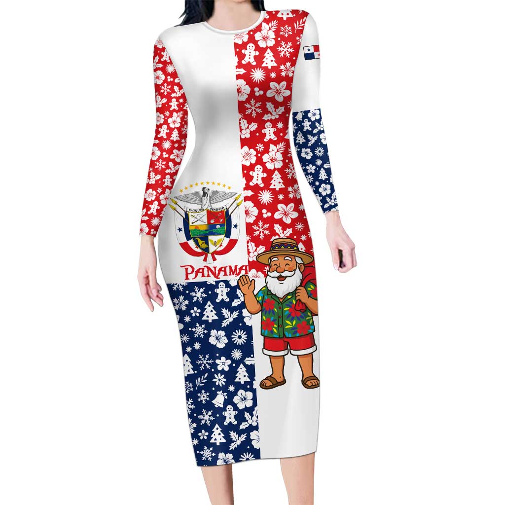 Panama Christmas Long Sleeve Bodycon Dress with Tropical Santa National Coat of Arms and Festive Pattern Design - Wonder Print Shop