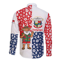 Panama Christmas Long Sleeve Button Shirt with Tropical Santa National Coat of Arms and Festive Pattern Design - Wonder Print Shop