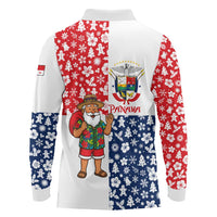 Panama Christmas Long Sleeve Polo Shirt with Tropical Santa National Coat of Arms and Festive Pattern Design - Wonder Print Shop