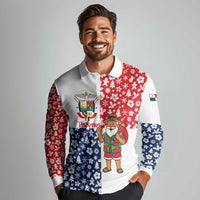 Panama Christmas Long Sleeve Polo Shirt with Tropical Santa National Coat of Arms and Festive Pattern Design - Wonder Print Shop