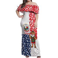 Panama Christmas Off Shoulder Maxi Dress with Tropical Santa National Coat of Arms and Festive Pattern Design - Wonder Print Shop